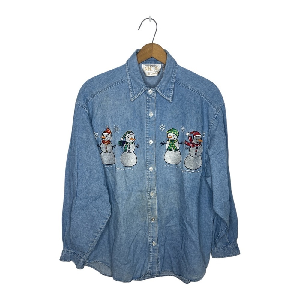 Vintage 90s Ninon de Lençlos Embroidered Snowman Winter Denim Shirt Size M